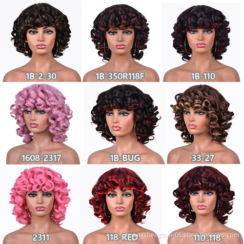 Wholesale african synthetic hair omber glueless cosplay high temperature short wigs wave curly wig with bangs for black women